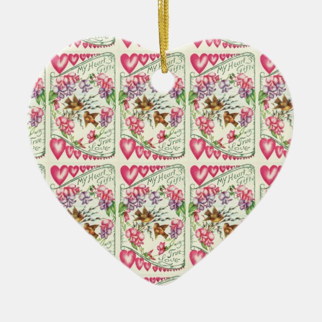 Vintage Floral Valentine Flowers Love Birds Heart  Ceramic Tree Decoration (Front)