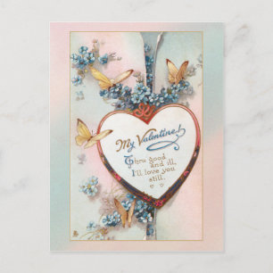 Vintage Floral Valentine   Heart and Butterflies Postcard
