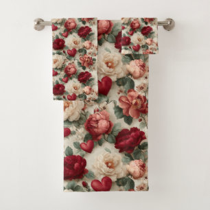 Vintage Floral Valentines Pattern Bath Towel Set