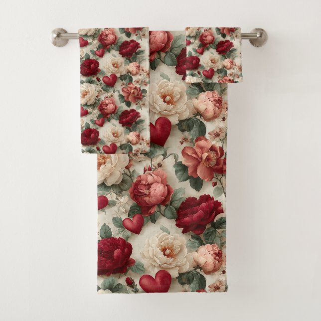 Vintage Floral Valentines Pattern Bath Towel Set (Insitu)