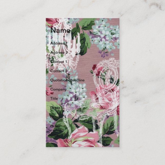 Vintage Floral Wallpaper With Chair and Chandelier Business Card (Front)