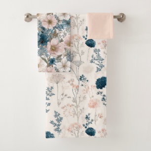 Vintage Floral Watercolor Blue Pink Bath Towel Set