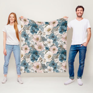 Vintage Floral Watercolor Blue Pink Fleece Blanket