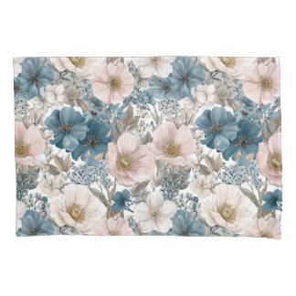 Vintage Floral Watercolor Blue Pink Pillowcase