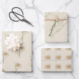 Vintage Floral Watercolor Edelweiss Wrapping Paper Sheet