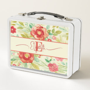 Vintage floral watercolor monogram elegant metal lunch box