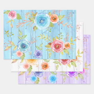 Vintage floral watercolor rustic country wood wrapping paper sheet