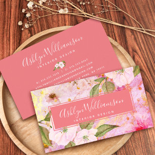 Vintage floral watercolor script, peach pink gold business card
