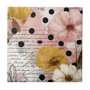 Vintage Floral Watercolor Script Polka Dot Art (2) Tile