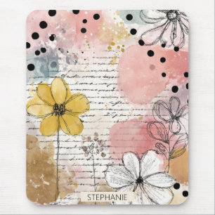 Vintage Floral Watercolor Script Polka Dot Art (4) Mouse Mat