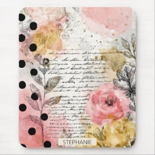 Vintage Floral Watercolor Script Polka Dot Art (5) Mouse Mat
