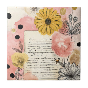 Vintage Floral Watercolor Script Polka Dot Art (6) Tile