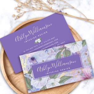 Vintage floral watercolor script, purple blue gold business card