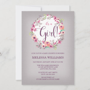Vintage Floral Watercolor Wreath Girl Baby Shower Invitation