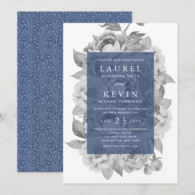 Vintage Floral Wedding Invitation | Navy (Front/Back)