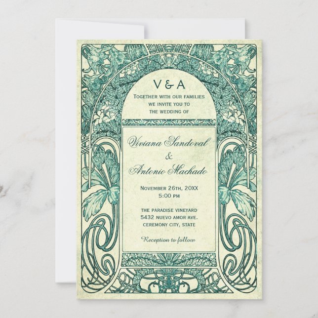Vintage Floral Wedding Invitations Turquoise (Front)