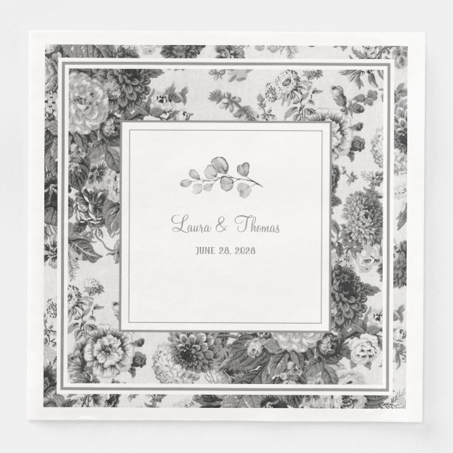 Vintage Floral Wedding Names & Date Classic Napkin (Front)