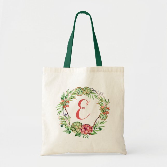 Vintage Floral Wedding Succulent | Monogram Tote Bag (Front)