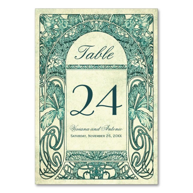 Vintage Floral Wedding Table Numbers Turquoise (Front)