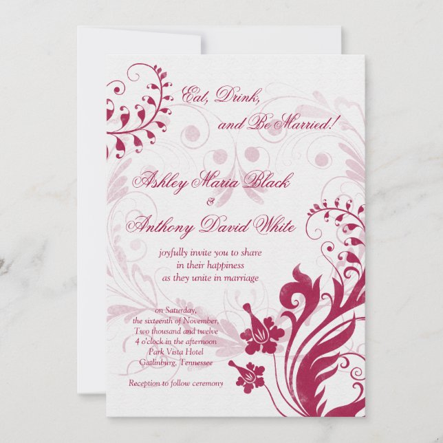 Vintage Floral White and Red Wedding Invitation (Front)