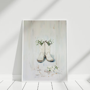 Vintage Floral White Cowgirl Boots Illustration  Poster
