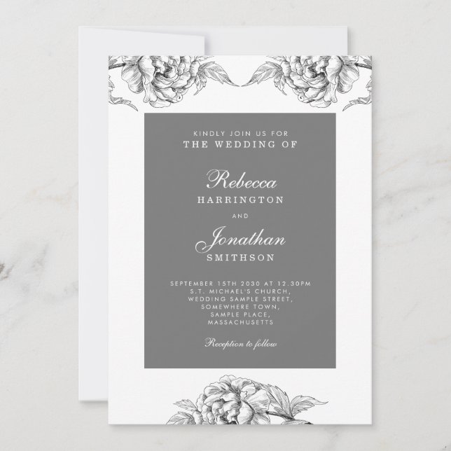 Vintage Floral White Grey Botanical Wedding Invitation (Front)