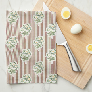 Vintage Floral White Roses Brown Striped Tea Towel