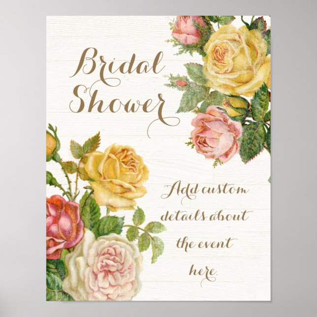Vintage Floral Whitewash Spring Bridal Shower Poster (Front)