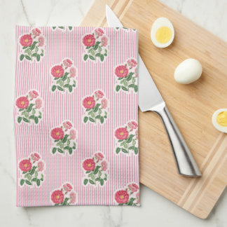 Vintage Floral Wild Roses Pink Striped Tea Towel