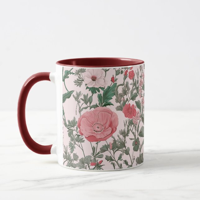  Vintage Floral Wildflowers And Poppies Pink Mug (Left)