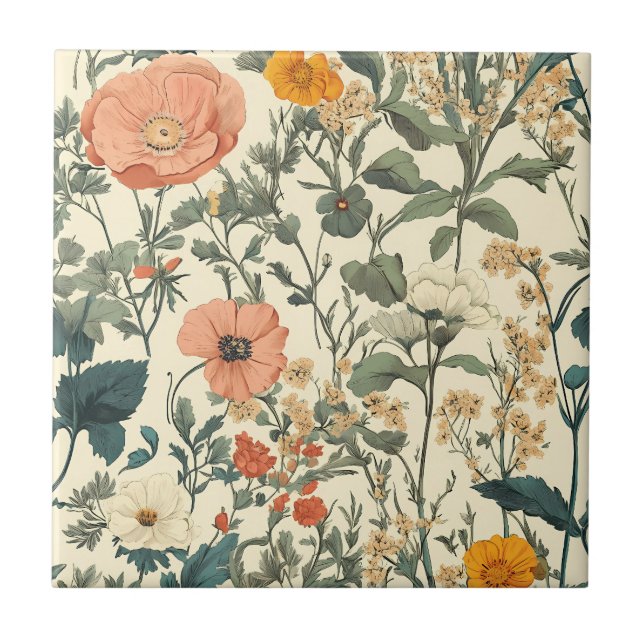 Vintage Floral Wildflowers And Poppies Tile (Front)