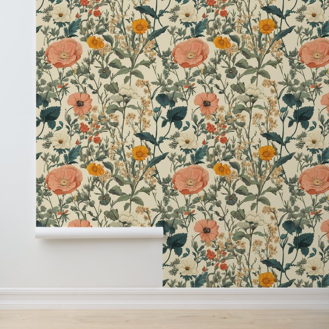 Vintage Floral Wildflowers And Poppies Wallpaper (Application)
