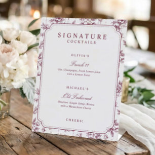 Vintage Floral Wine Red Signature Drinks Wedding Pedestal Sign