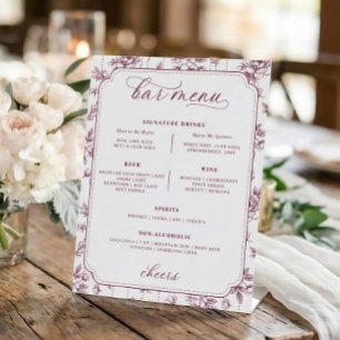 Vintage Floral Wine Red Toile Bar Menu Wedding Pedestal Sign
