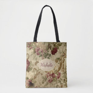 Vintage Floral Wine Rose Monogram & Name Tote Bag