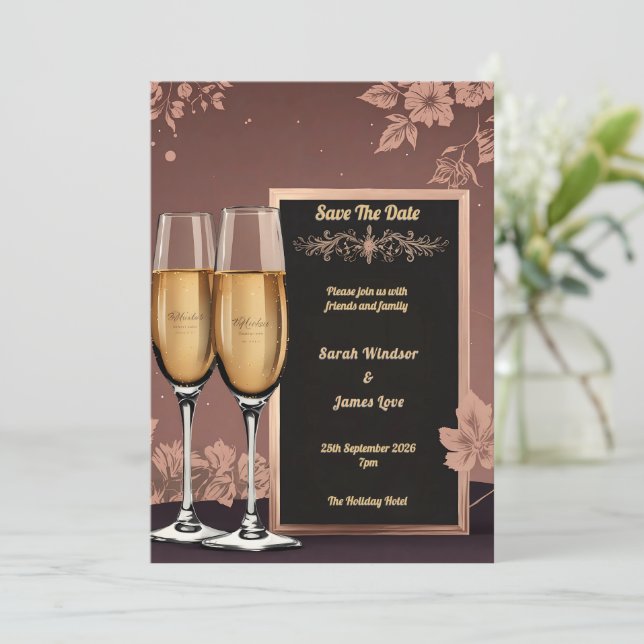 Vintage Floral with Champagne Toast Invitation (Standing Front)