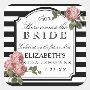 Vintage Floral With Stripes Bridal Shower Favour Square Sticker
