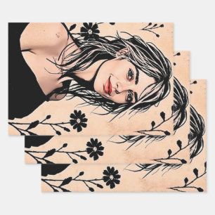 Vintage Floral Woman Portrait Wrapping Paper Sheet