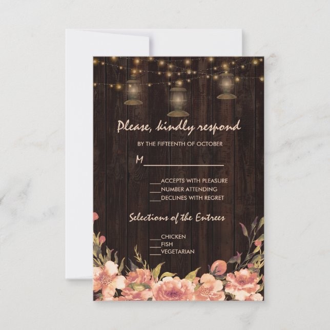 Vintage Floral Wood Old Lanterns Wedding RSVP (Front)