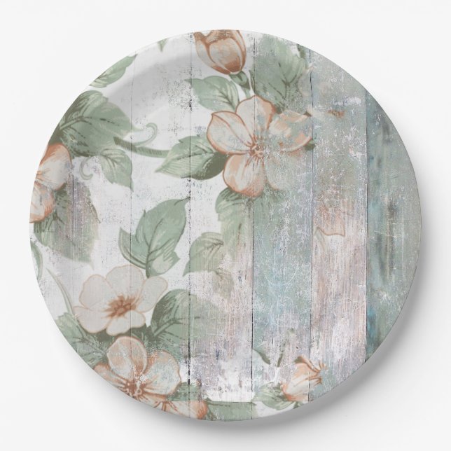 Vintage Floral & Wood Shabby Chic Paper Plate (Front)