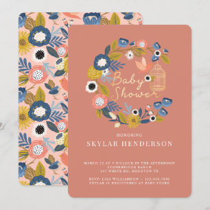 Vintage Floral Wreath Birdcage Mum & Baby Bird Invitation