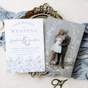 Vintage Floral Wreath Blue & White Photo Wedding Save The Date
