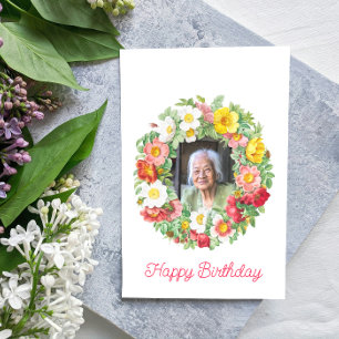 Vintage Floral Wreath Frame Happy Birthday Photo Card