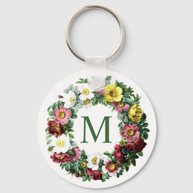 Vintage Floral Wreath Monogram Key Ring (Front)