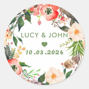 Vintage Floral Wreath Wedding Favour Classic Round Sticker