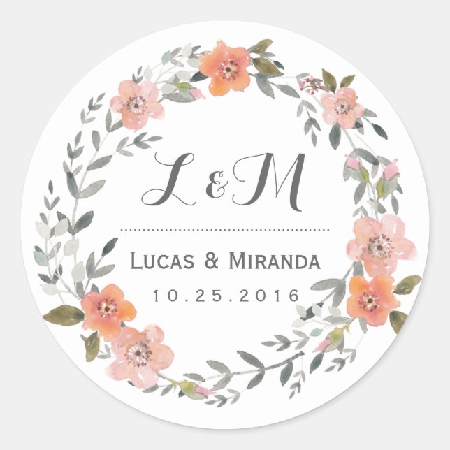 Vintage Floral Wreath Wedding Favour Sticker (Front)