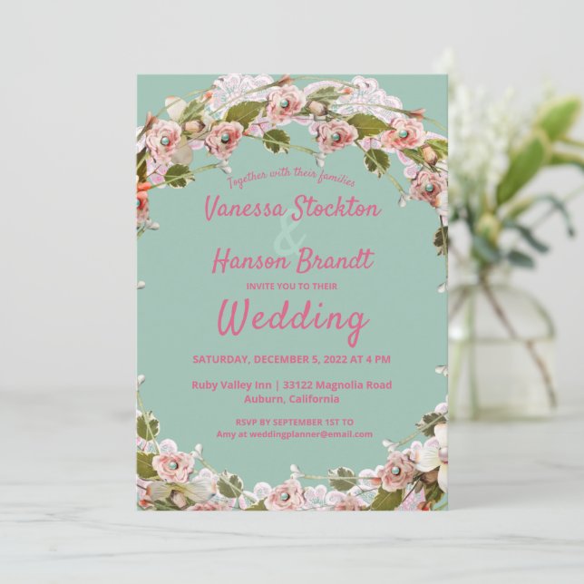 Vintage Floral Wreath Wedding Invitation (Standing Front)