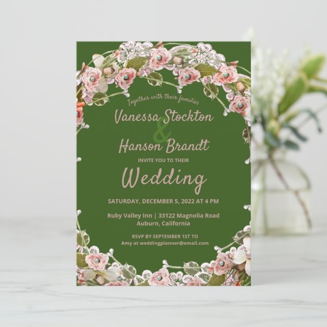 Vintage Floral Wreath Wedding Invitation (Standing Front)