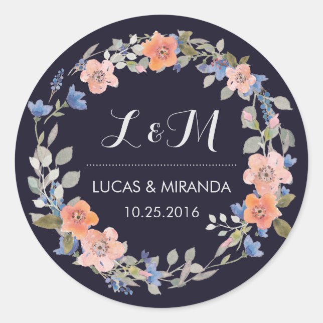 Vintage Floral Wreath Wedding Monogram Sticker (Front)