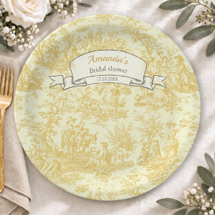 Vintage floral yellow toile de jouy shower paper plate